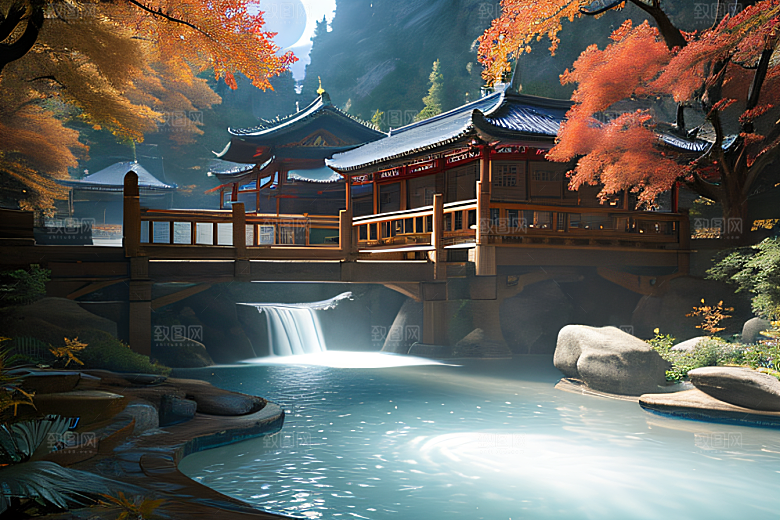 夢幻古代景觀流水橋梁與秋葉瀉落