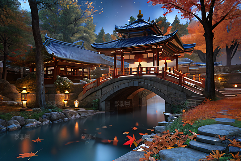 夢幻古代景觀流水橋梁與秋葉瀉落