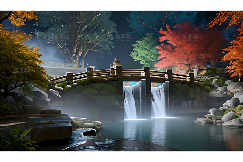 夢幻古代景觀流水橋梁與秋葉瀉落