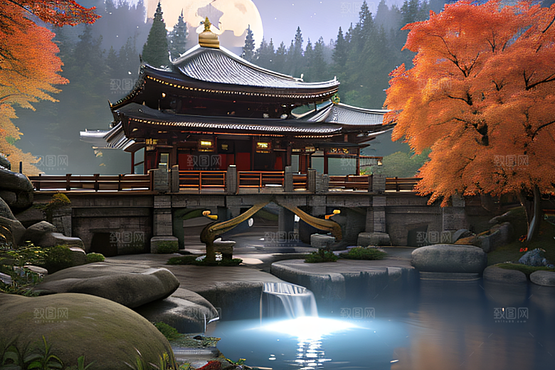 夢幻古代景觀流水橋梁與秋葉瀉落