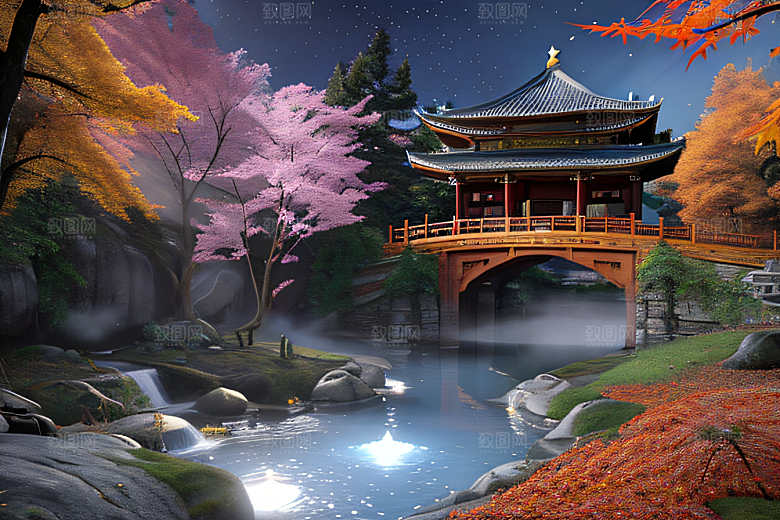 夢幻古代景觀流水橋梁與秋葉瀉落