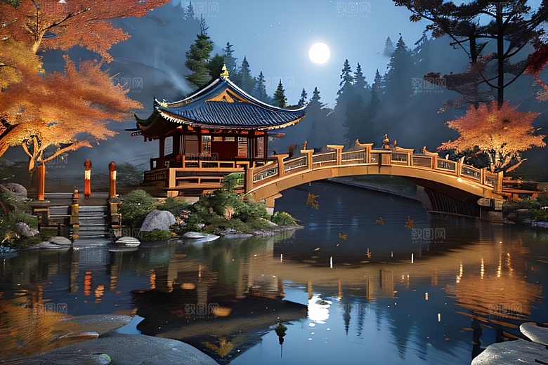 夢幻古代景觀流水橋梁與秋葉瀉落