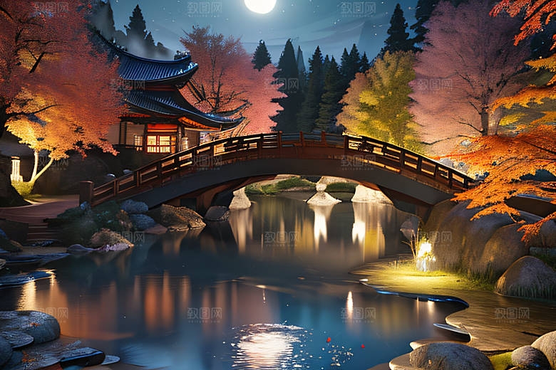 夢幻古代景觀流水橋梁與秋葉瀉落