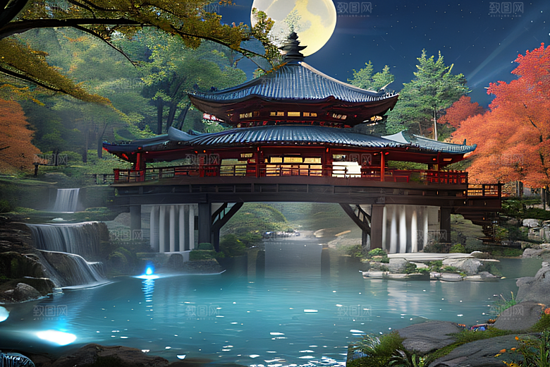 夢幻古代景觀流水橋梁與秋葉瀉落