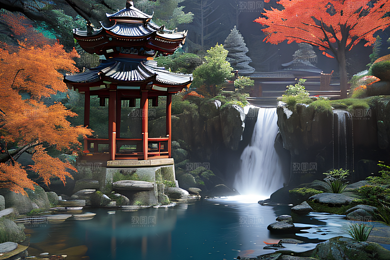夢幻古代景觀流水橋梁與秋葉瀉落