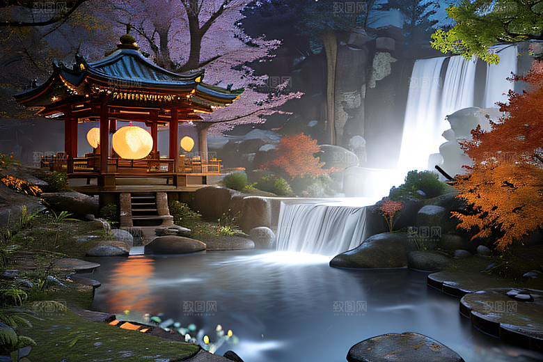 美麗水景藍色瀑布與流動溪流