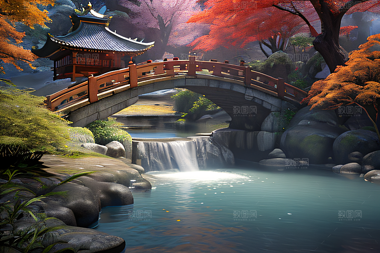 美麗水景藍色瀑布與流動溪流