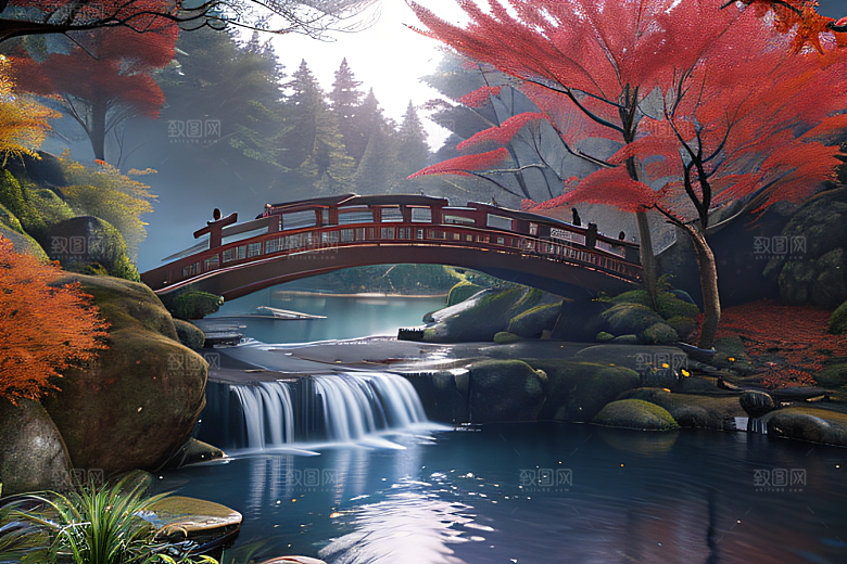 美麗水景藍色瀑布與流動溪流