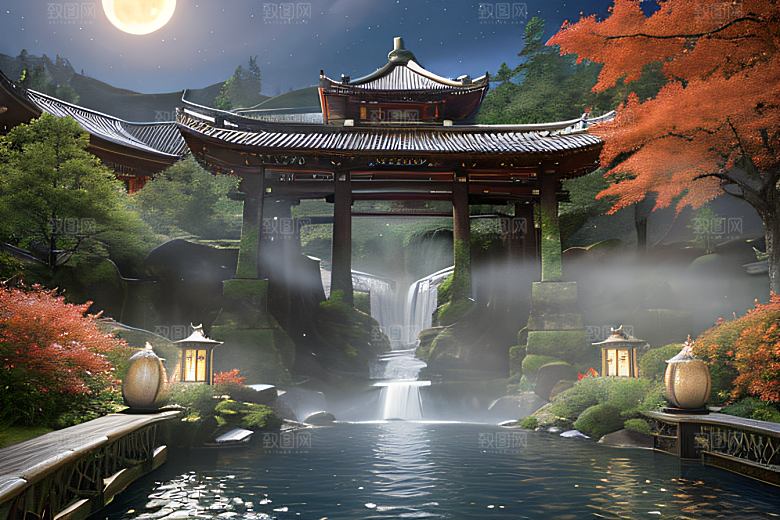 美麗水景藍色瀑布與流動溪流