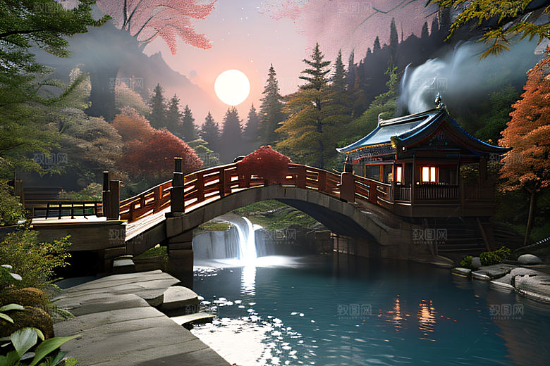 美麗水景藍色瀑布與流動溪流