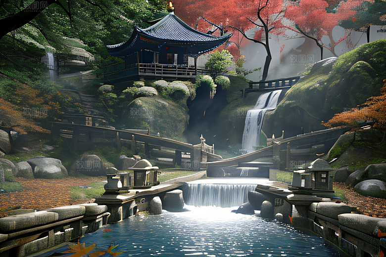 美麗水景藍色瀑布與流動溪流
