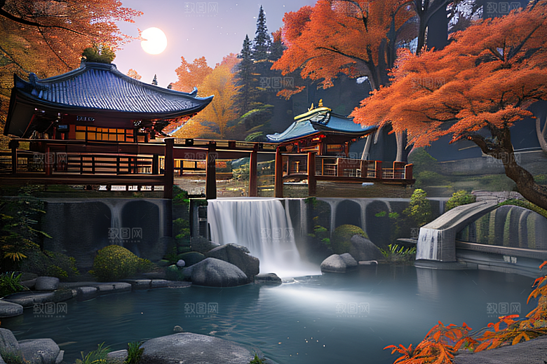 美麗水景藍色瀑布與流動溪流