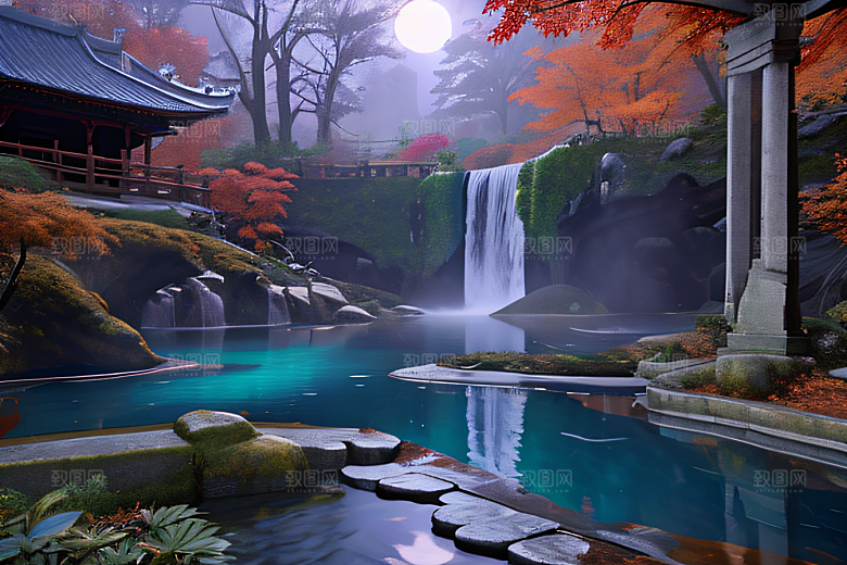 美麗水景藍色瀑布與流動溪流