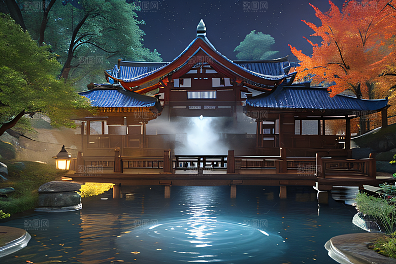 美麗水景藍色瀑布與流動溪流