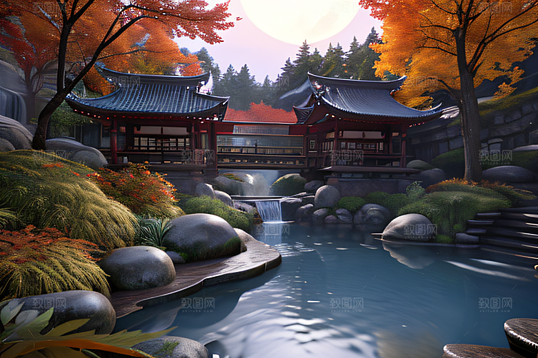 美麗水景藍色瀑布與流動溪流