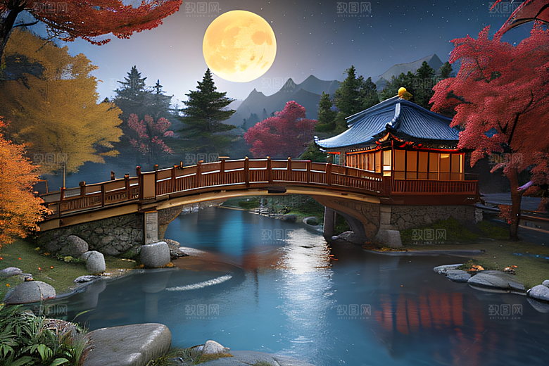午夜藍瀑星空下巨大透明月亮