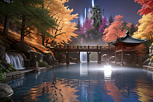 午夜藍瀑星空下巨大透明月亮