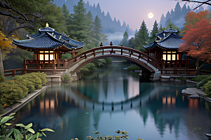 午夜藍瀑星空下巨大透明月亮