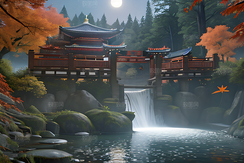 夢幻古代景觀流水橋梁與秋葉瀉落