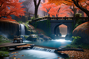 夢幻古代景觀流水橋梁與秋葉瀉落