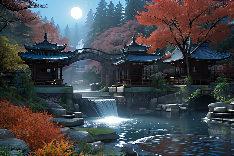 夢幻古代景觀流水橋梁與秋葉瀉落