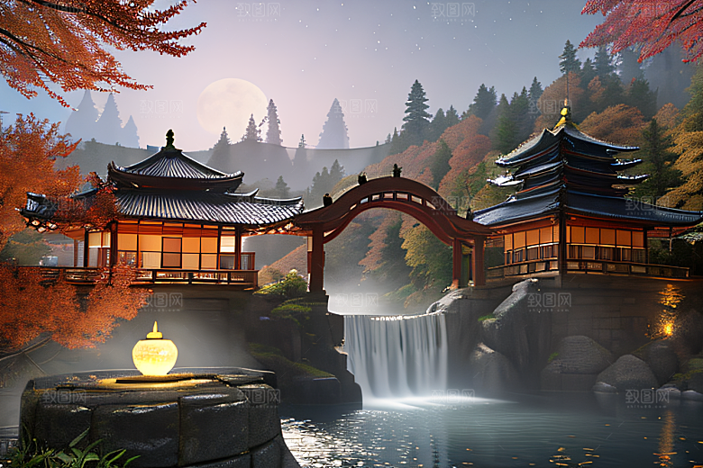 夢幻古代景觀流水橋梁與秋葉瀉落