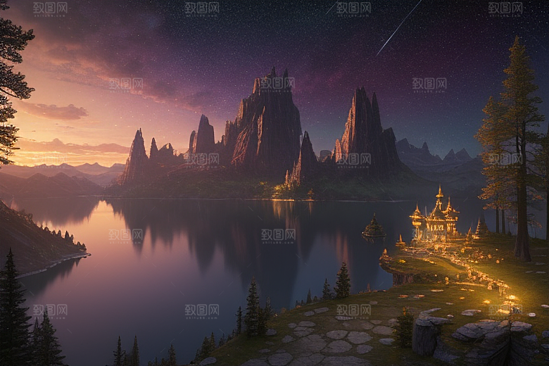 梦幻湖光湖泊中的星空背景