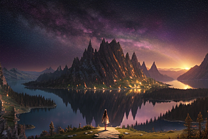 梦幻湖光湖泊中的星空背景