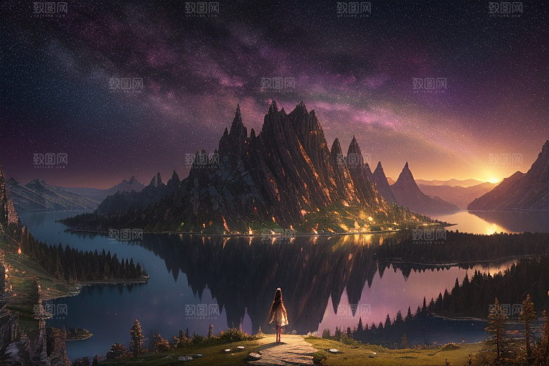 梦幻湖光湖泊中的星空背景