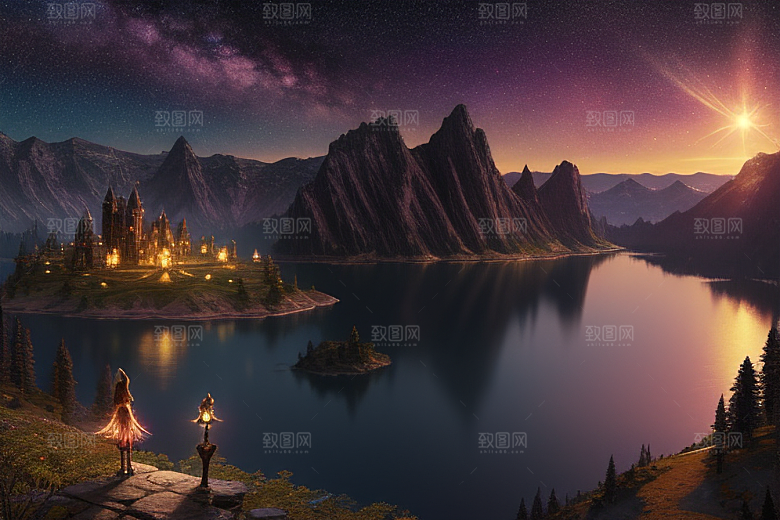梦幻湖光湖泊中的星空背景