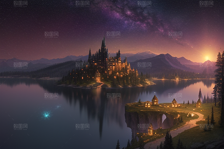 梦幻湖光湖泊中的星空背景