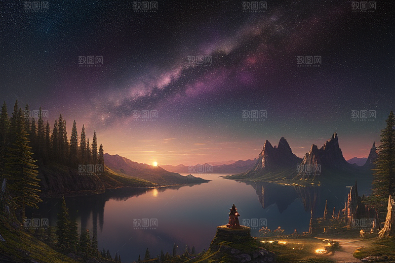 梦幻湖光湖泊中的星空背景