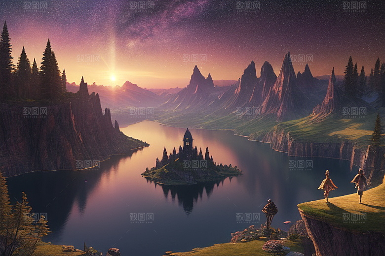 梦幻湖光湖泊中的星空背景
