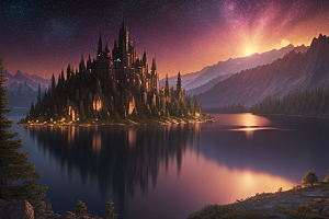 梦幻湖光湖泊中的星空背景