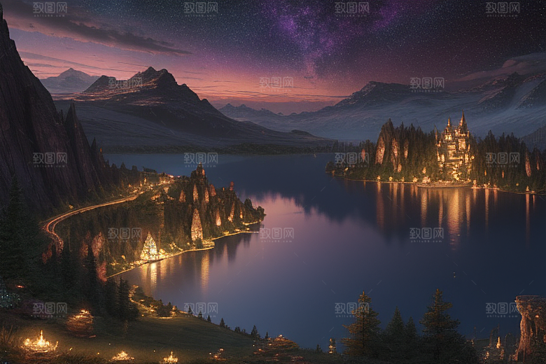 梦幻湖光湖泊中的星空背景