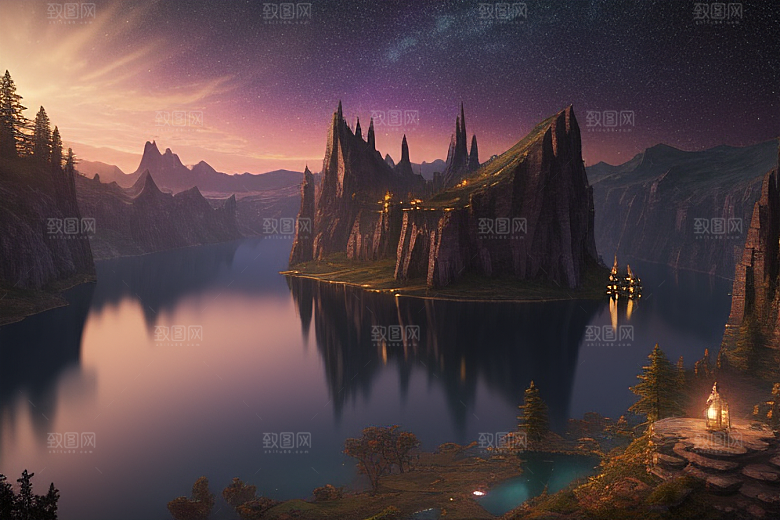 梦幻湖光湖泊中的星空背景