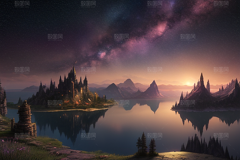 梦幻湖光湖泊中的星空背景