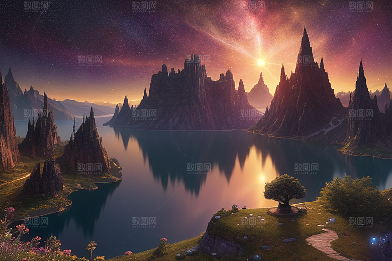 梦幻湖光湖泊中的星空背景