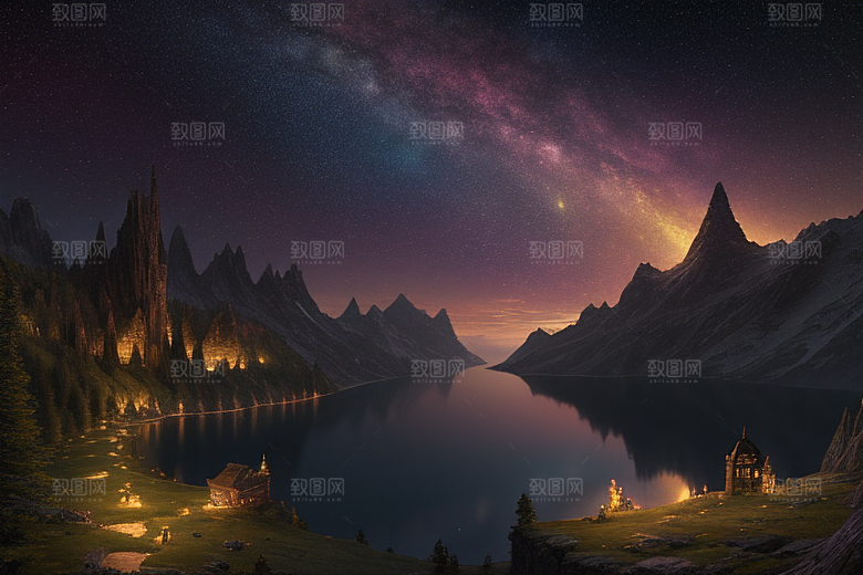 梦幻湖光湖泊中的星空背景