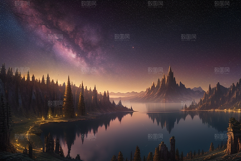 梦幻湖光湖泊中的星空背景
