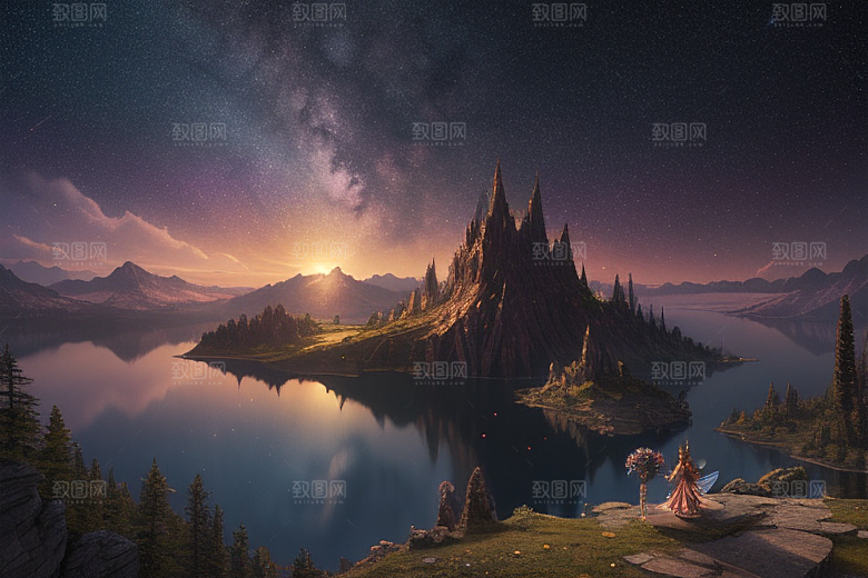 梦幻湖光湖泊中的星空背景