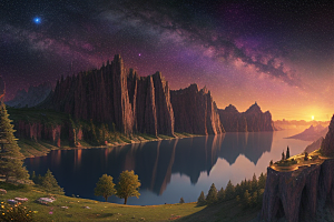 星空仙境湖泊中的超细节描绘