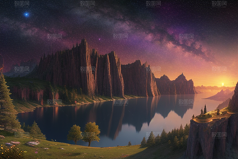 星空仙境湖泊中的超细节描绘