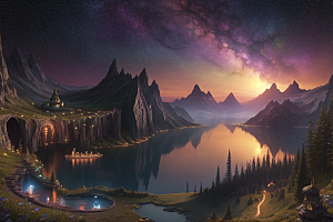 星空仙境湖泊中的超细节描绘