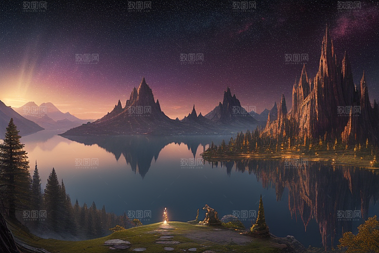星空仙境湖泊中的超细节描绘