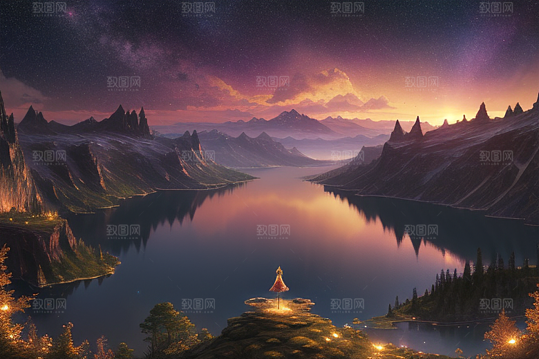 星空仙境湖泊中的超细节描绘