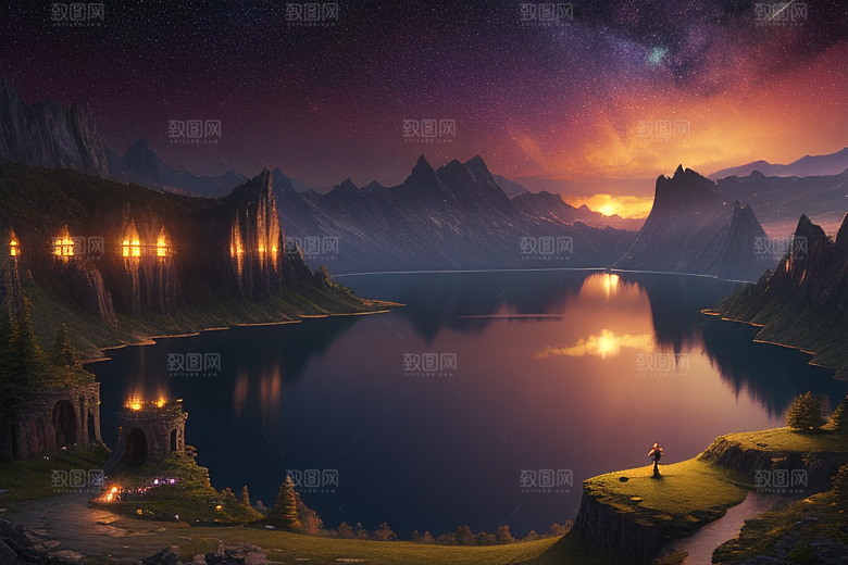 星空仙境湖泊中的超细节描绘