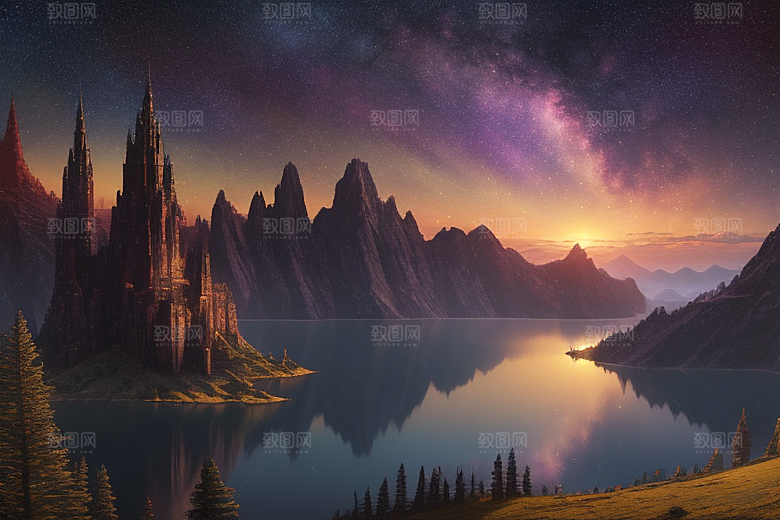 星空仙境湖泊中的超细节描绘