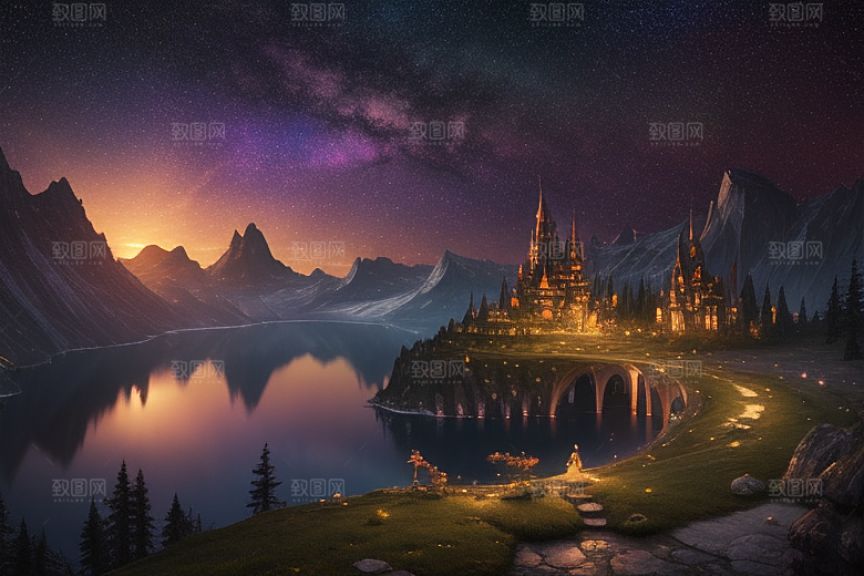 星空仙境湖泊中的超细节描绘