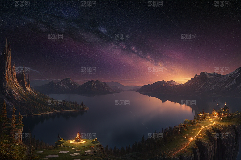 星空仙境湖泊中的超细节描绘